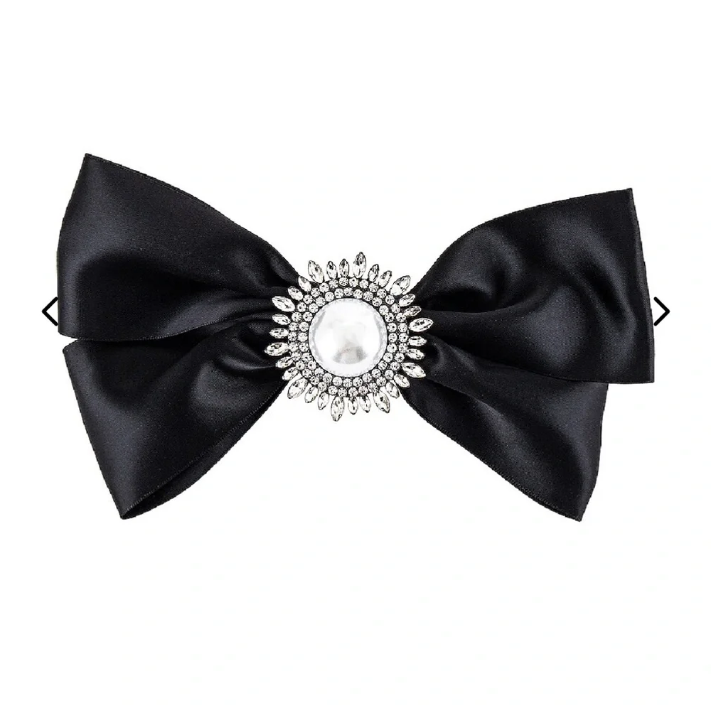 Revolve Lovers and Friends‎ Black Satin Bow Crystals Hair Barette